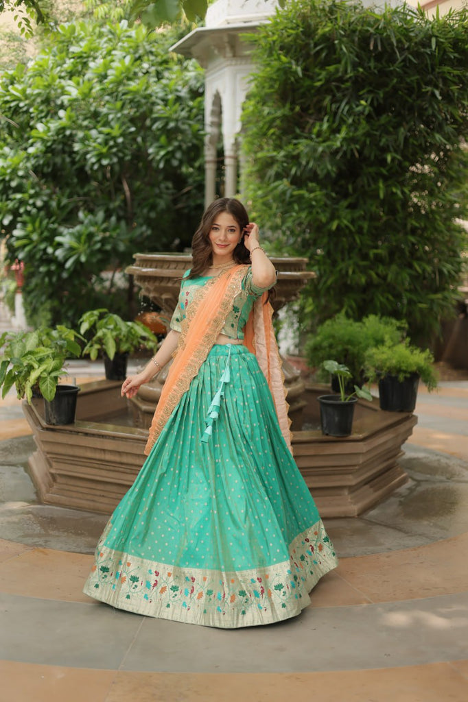 Trending Jequard Lehenga Choli with Russian Silk Embroidered Dupatta – Elegant Pista ClothsVilla