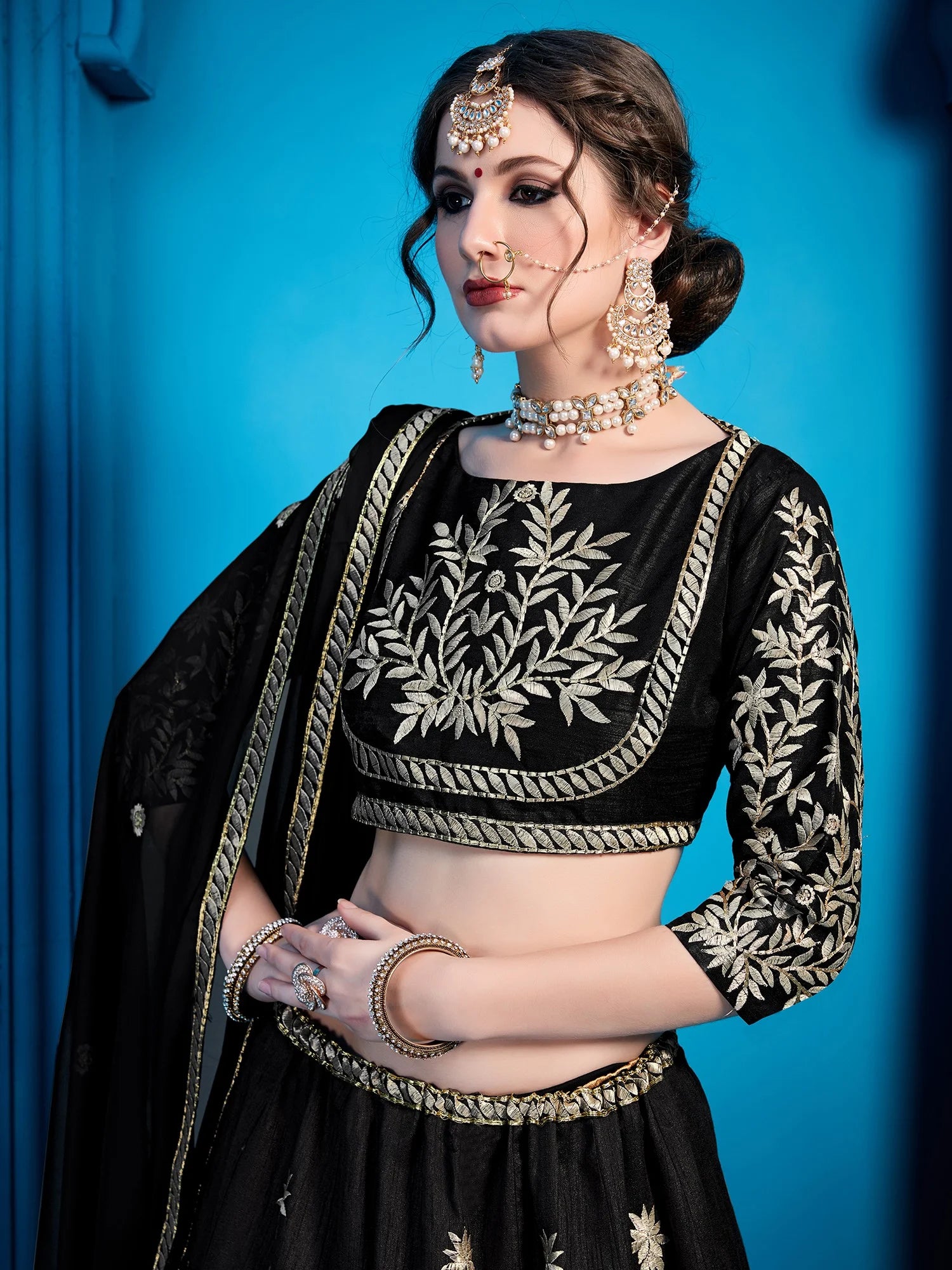 Jet-Black Art Silk Lehenga Choli With Silver Gold Embroidery And Sheer Dupatta Clothsvilla
