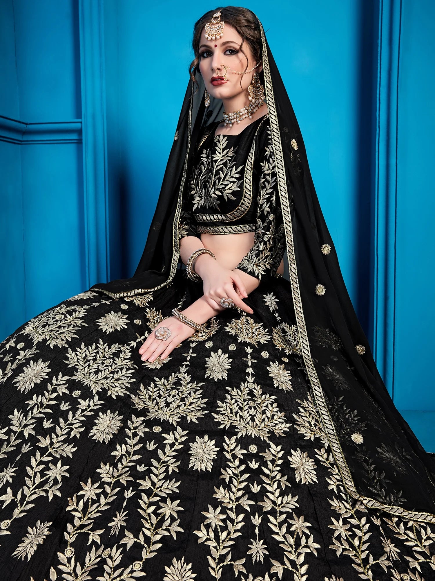Jet-Black Art Silk Lehenga Choli With Silver Gold Embroidery And Sheer Dupatta Clothsvilla