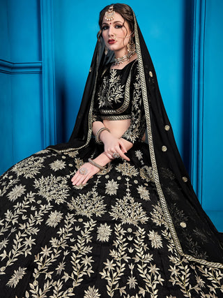 Jet-Black Art Silk Lehenga Choli With Silver Gold Embroidery And Sheer Dupatta Clothsvilla