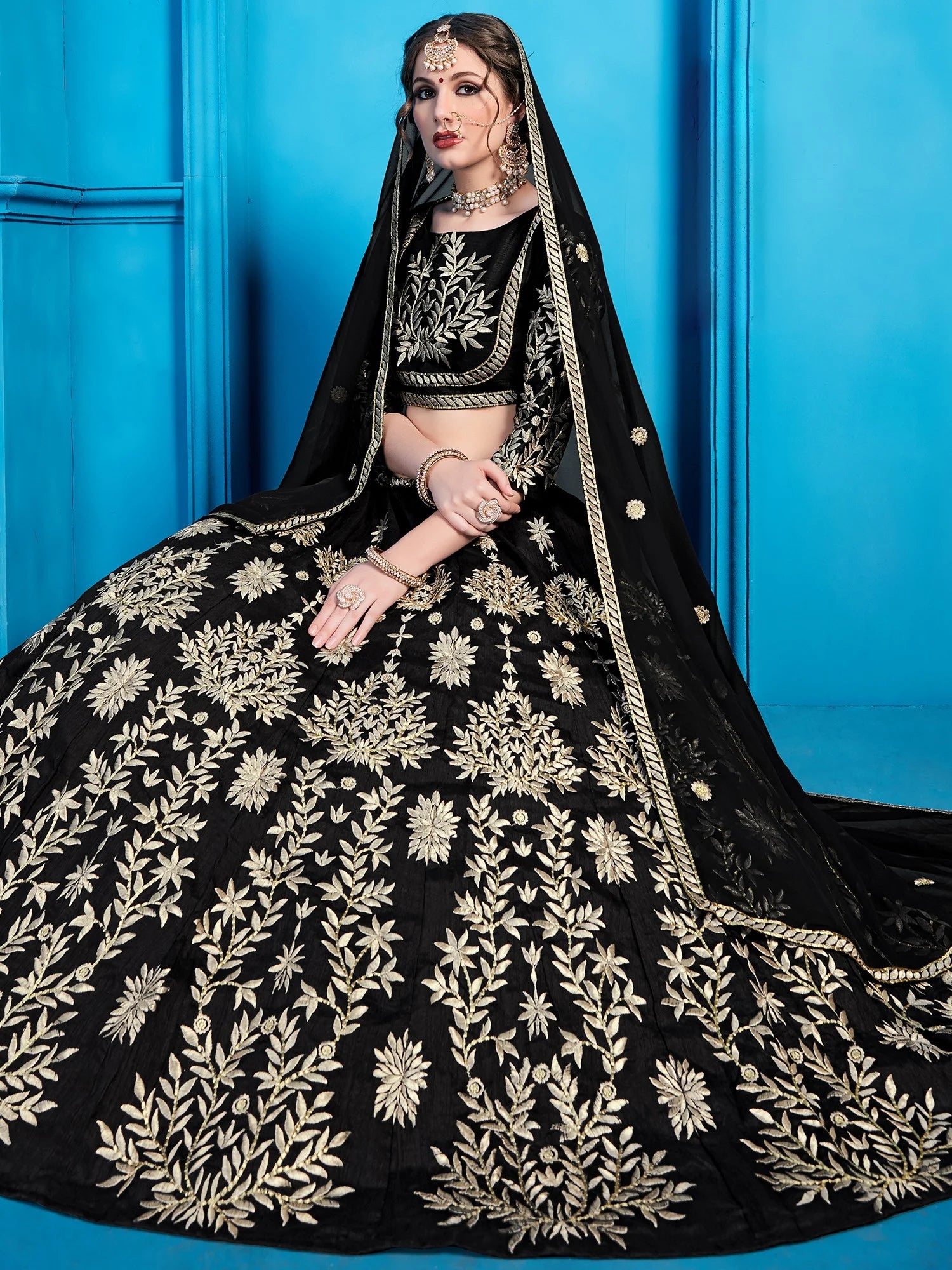 Jet-Black Art Silk Lehenga Choli With Silver Gold Embroidery And Sheer Dupatta Clothsvilla