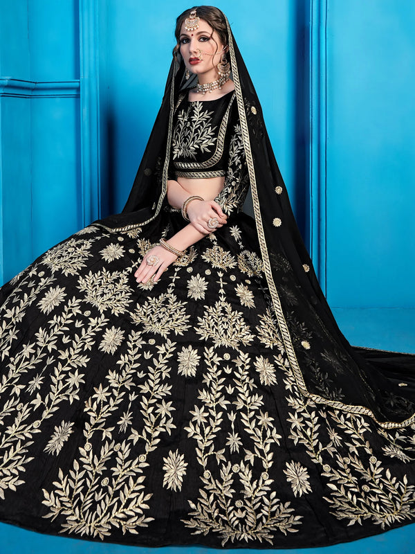 Jet-Black Art Silk Lehenga Choli With Silver Gold Embroidery And Sheer Dupatta Clothsvilla