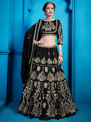 Jet-Black Art Silk Lehenga Choli With Silver Gold Embroidery And Sheer Dupatta Clothsvilla