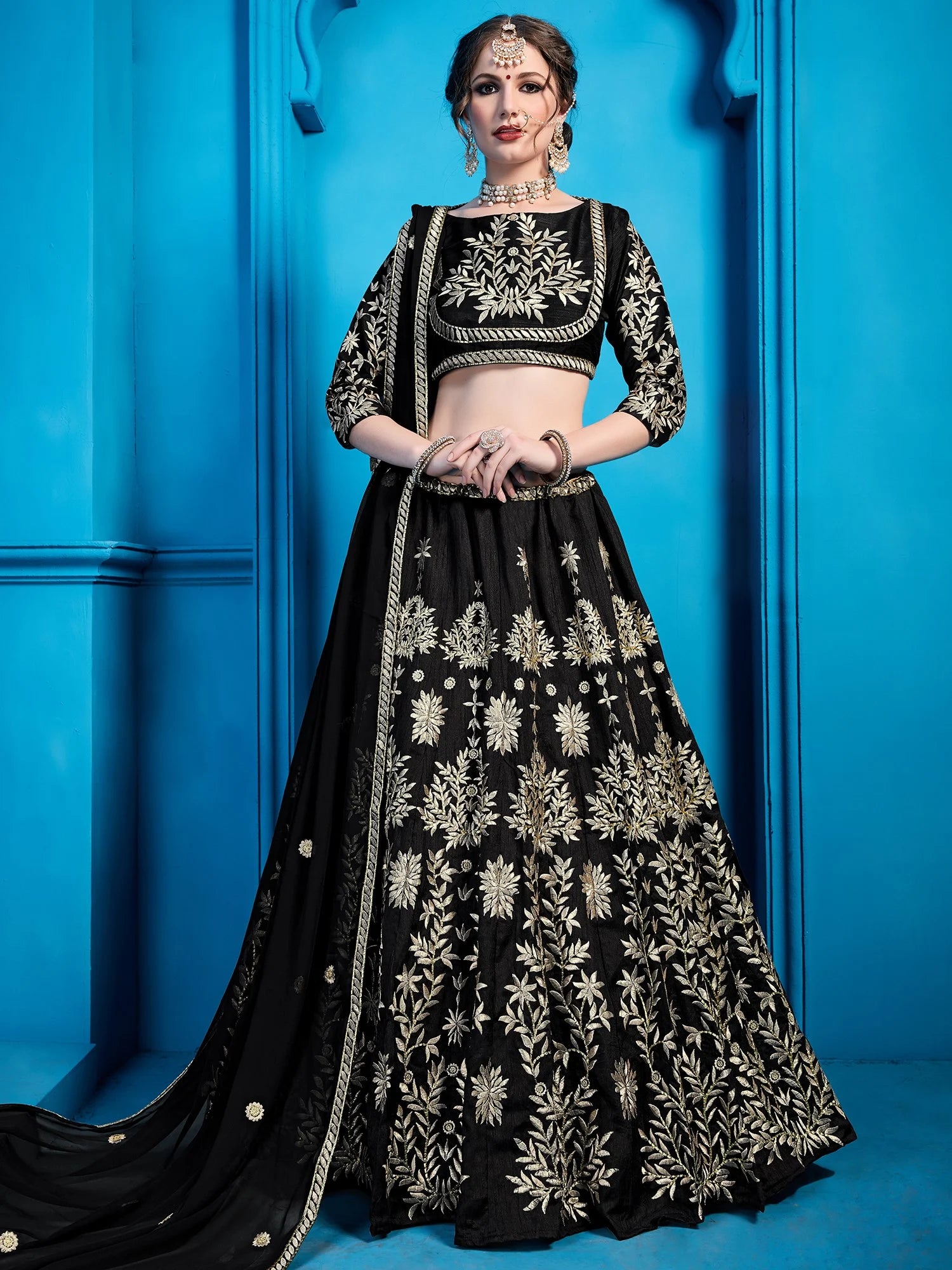 Jet-Black Art Silk Lehenga Choli With Silver Gold Embroidery And Sheer Dupatta Clothsvilla