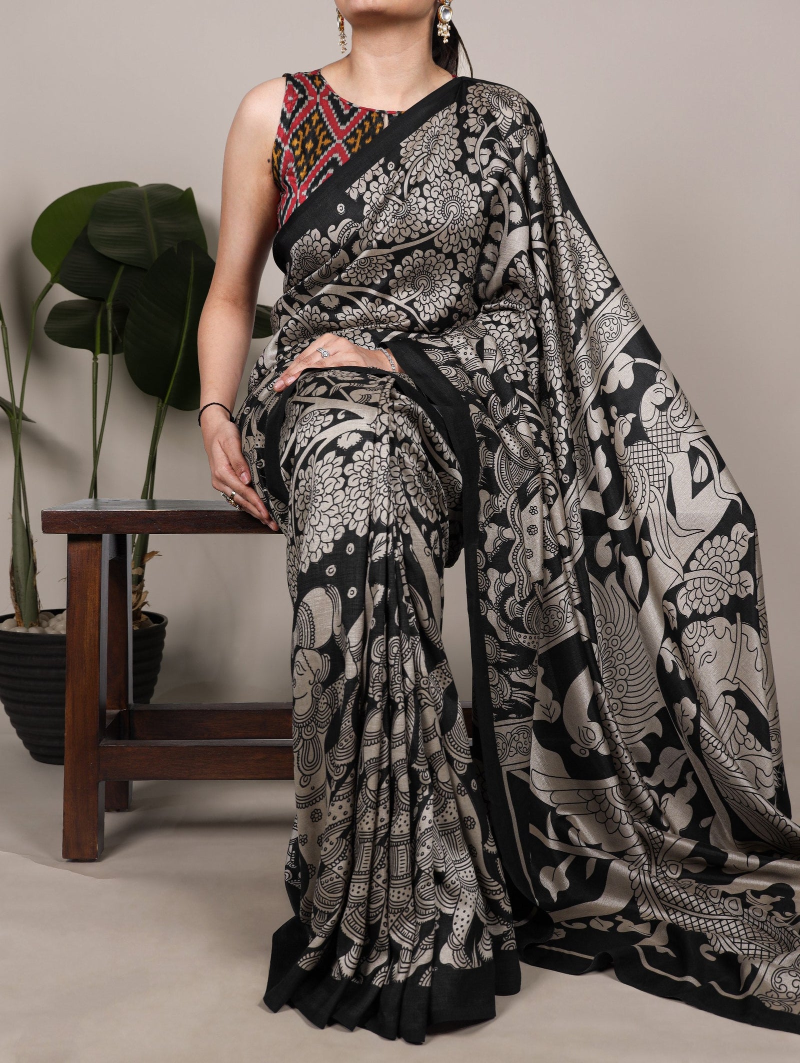 Kalamkari Printed Saree with Blouse ClothsVilla