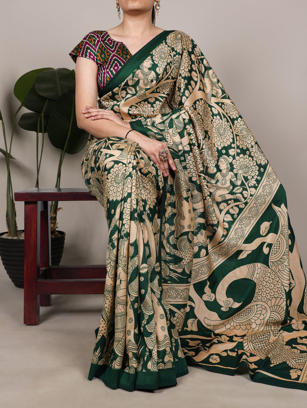 Kalamkari Printed Saree with Blouse ClothsVilla