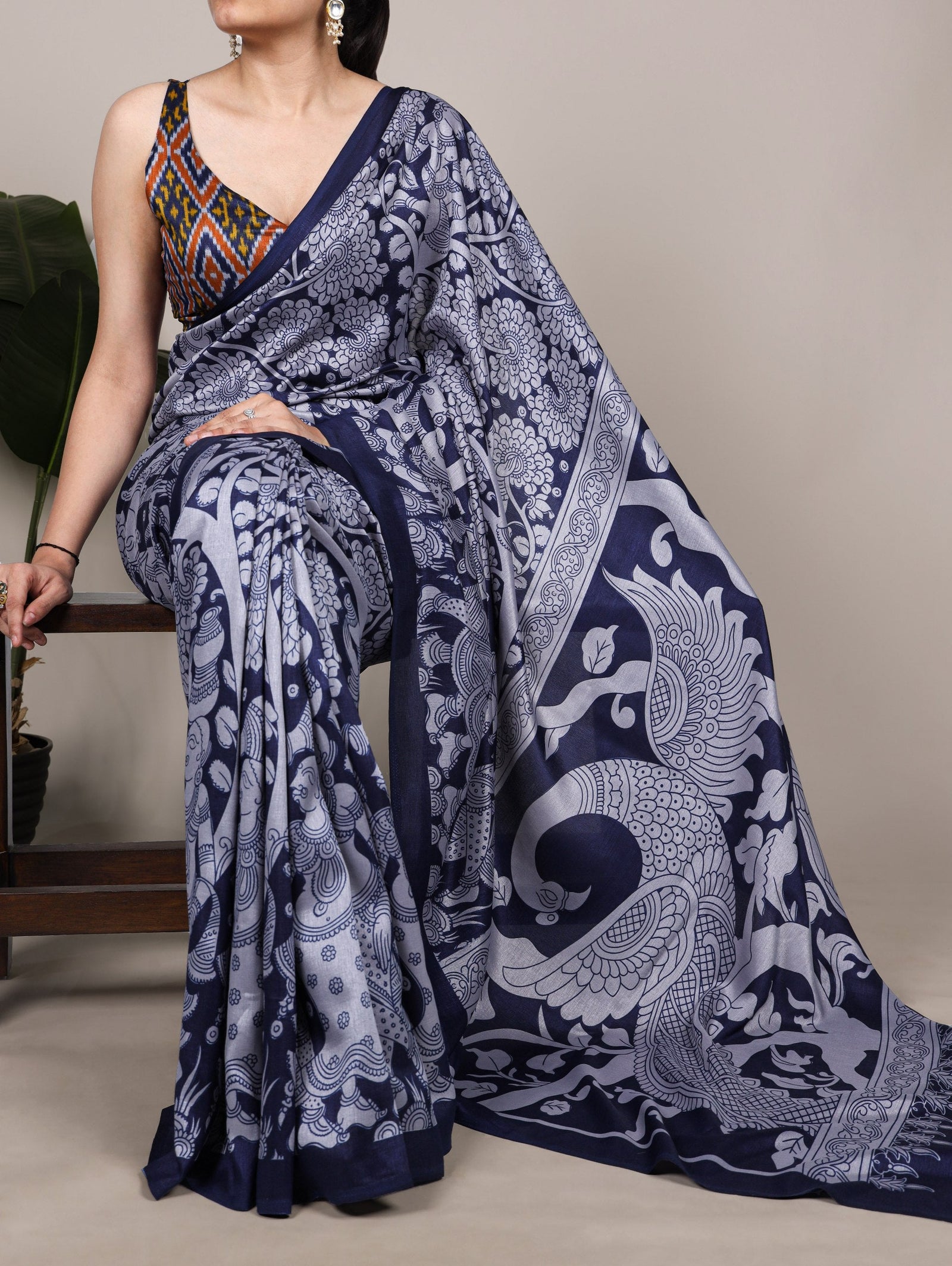 Kalamkari Printed Saree with Blouse ClothsVilla