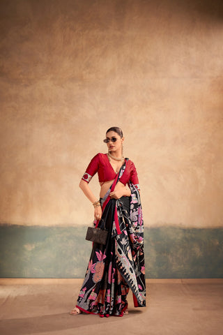 Kalamkari Satin Silk Printed Saree ClothsVilla
