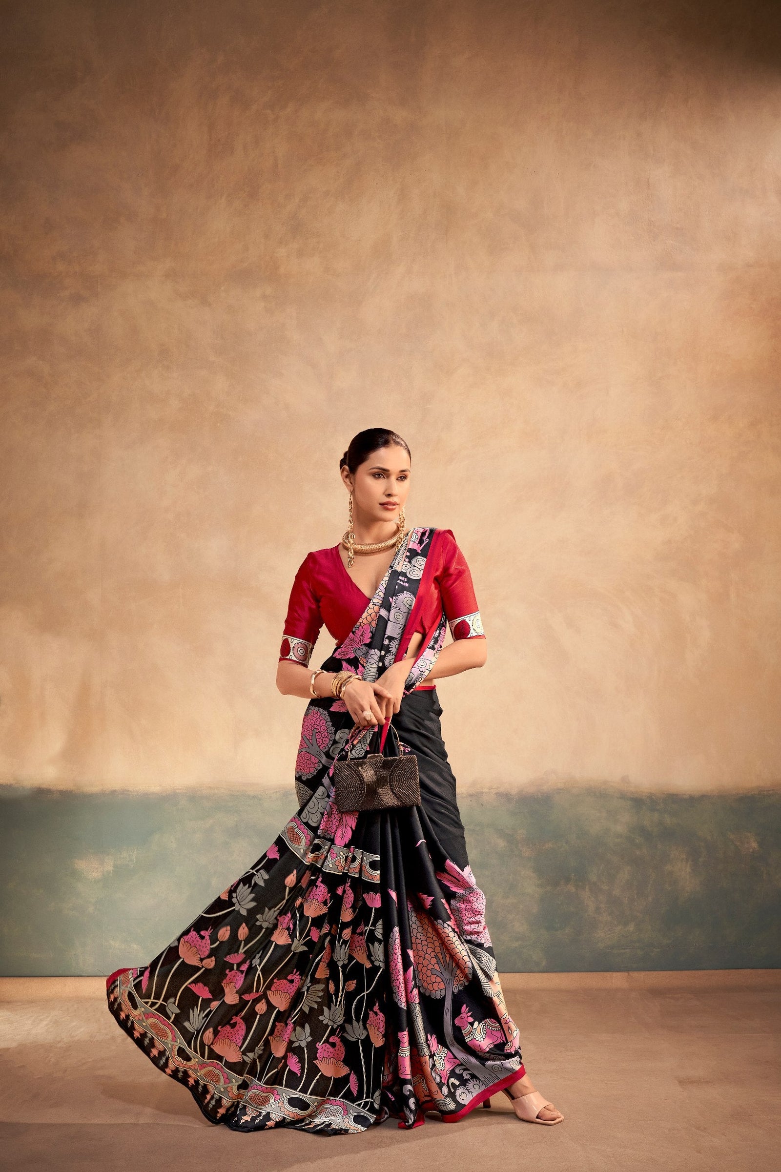 Kalamkari Satin Silk Printed Saree ClothsVilla
