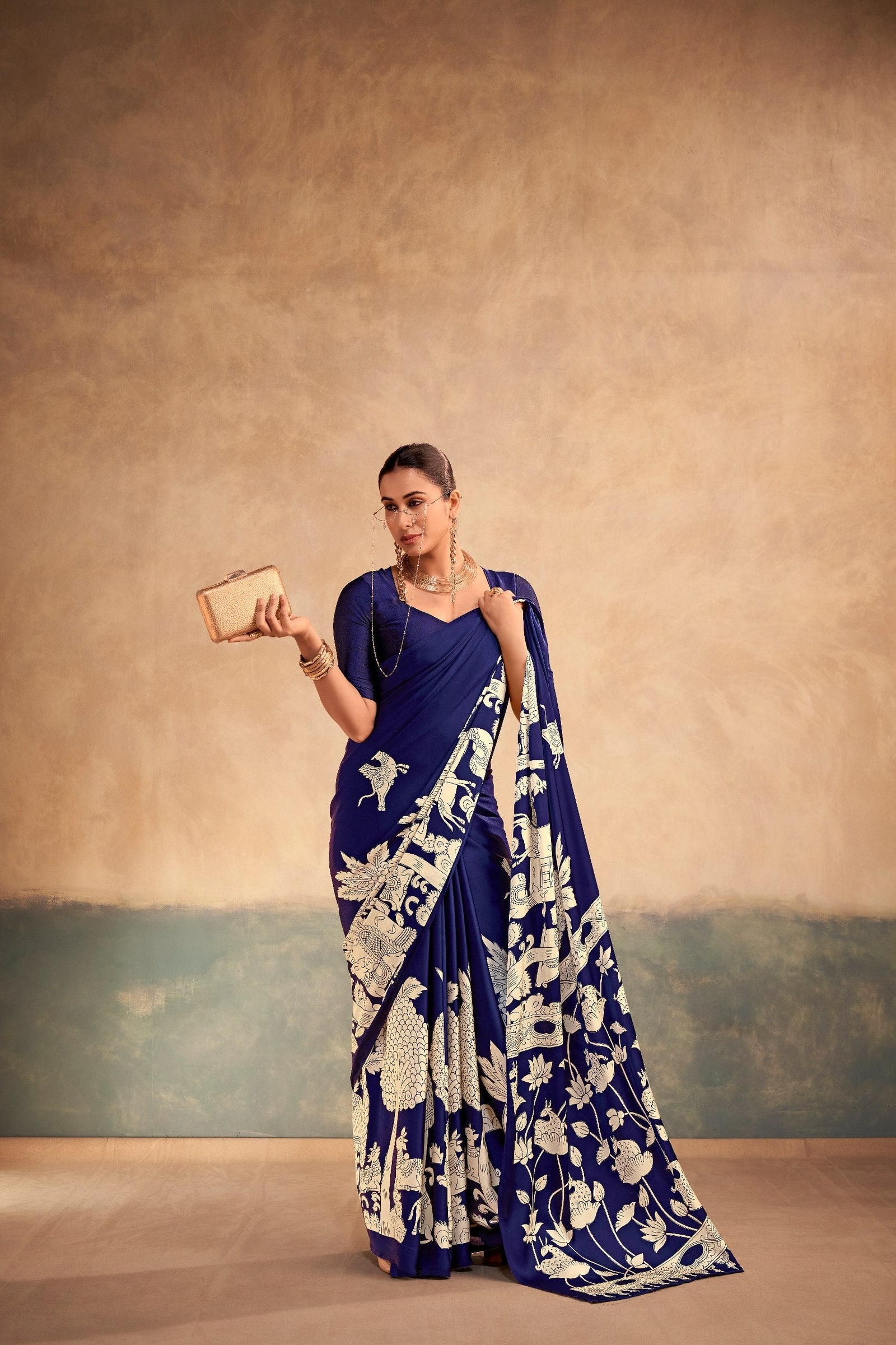 Kalamkari Satin Silk Printed Saree ClothsVilla