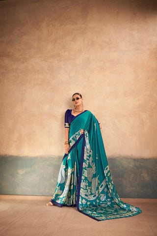 Kalamkari Satin Silk Printed Saree ClothsVilla