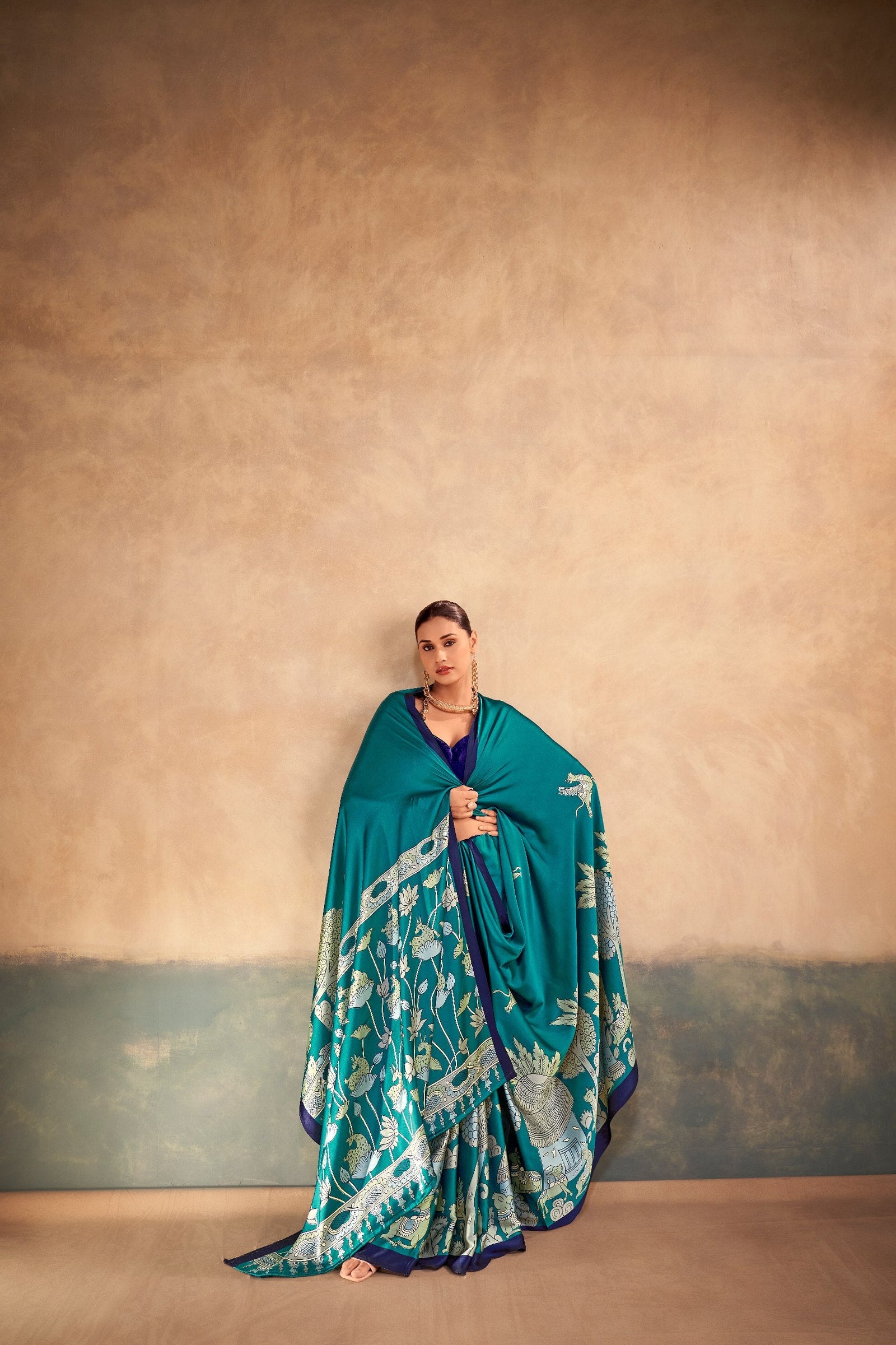 Kalamkari Satin Silk Printed Saree ClothsVilla