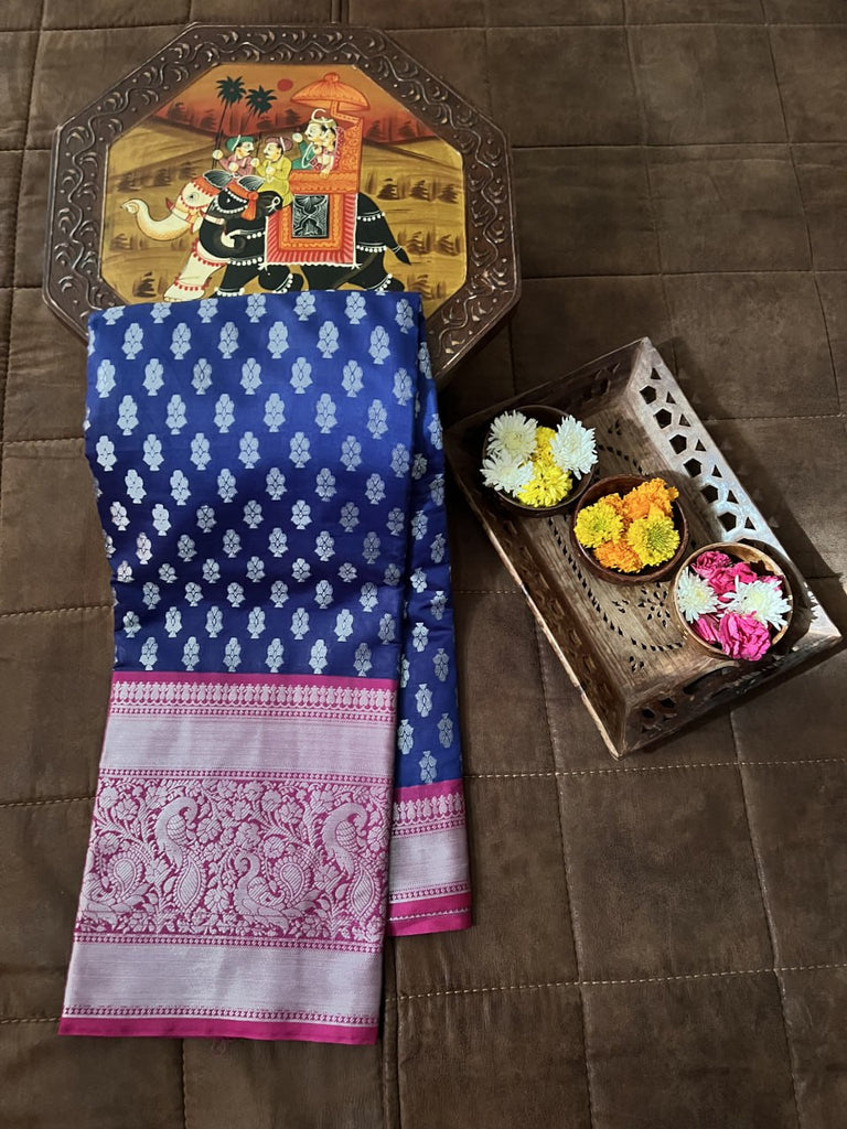 Kanjivaram Silk Blue Saree with Zari Weaving Work ClothsVilla