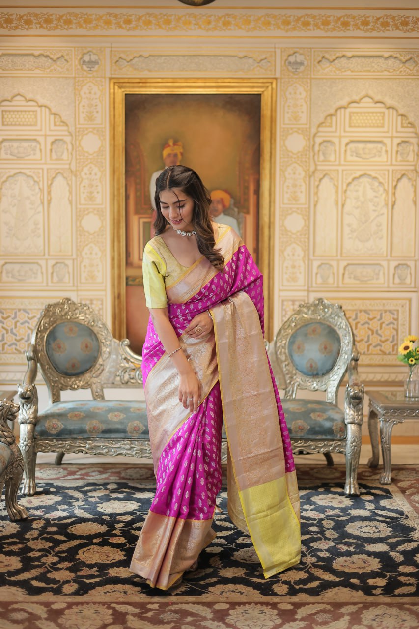 Kanjivaram Silk Pink Saree with Zari Weaving Work ClothsVilla