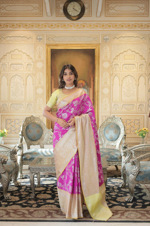 Kanjivaram Silk Pink Saree with Zari Weaving Work with Blouse ClothsVilla Main image