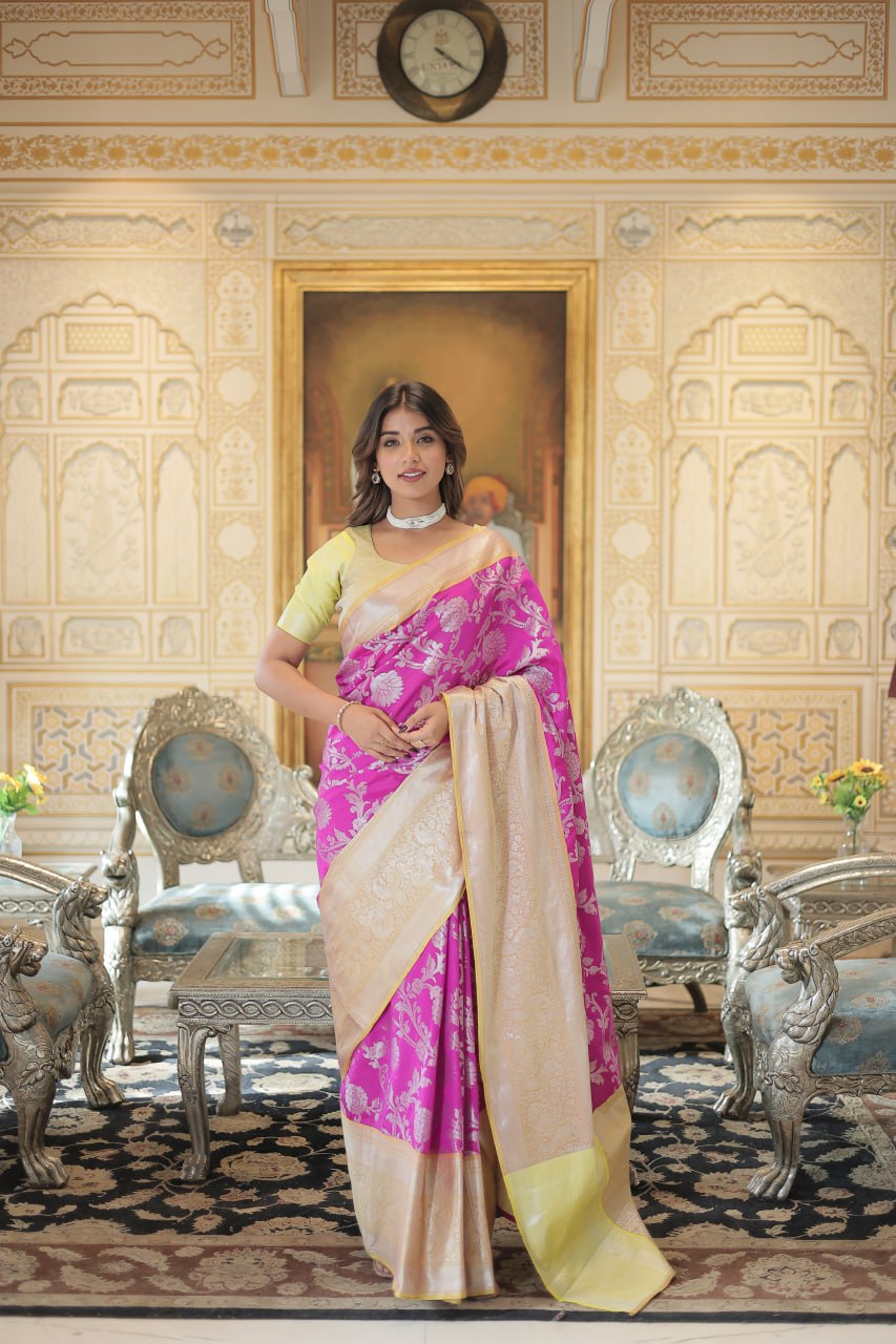 Kanjivaram Silk Pink Saree with Zari Weaving Work with Blouse ClothsVilla Main image