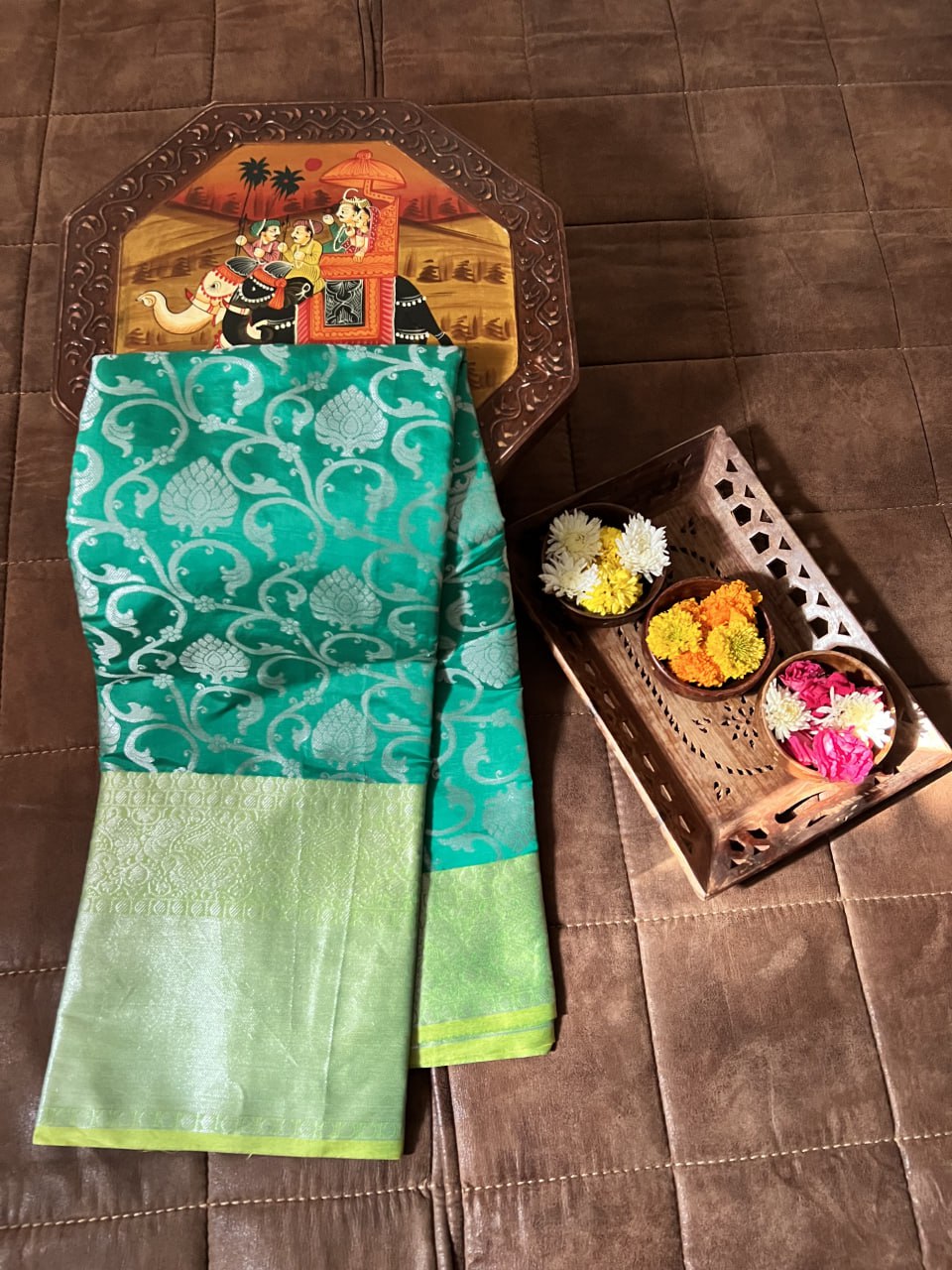 Kanjivaram Silk Rama Color Saree with Zari Weaving & Unstitched Blouse ClothsVilla Main image