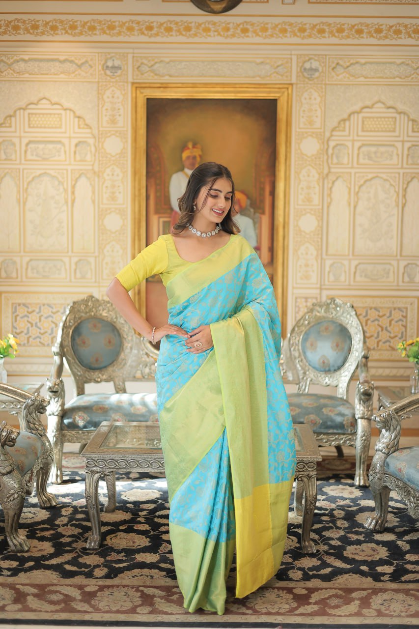 Kanjivaram Silk Yellow & Sky Blue Saree Zari Weaving Work with Blouse Secondary image