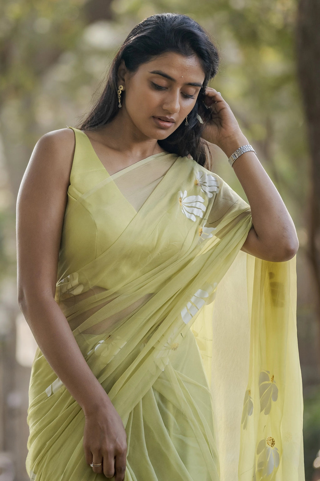 Lemon Yellow Hand-Painted Pure Georgette Saree with White Floral Motifs & Sequin Detailing | Modal Satin Blouse FANCY SAREES