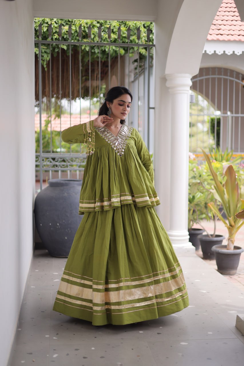 Kora Cotton Zari Patti Mirror Work Lehenga Choli ClothsVilla