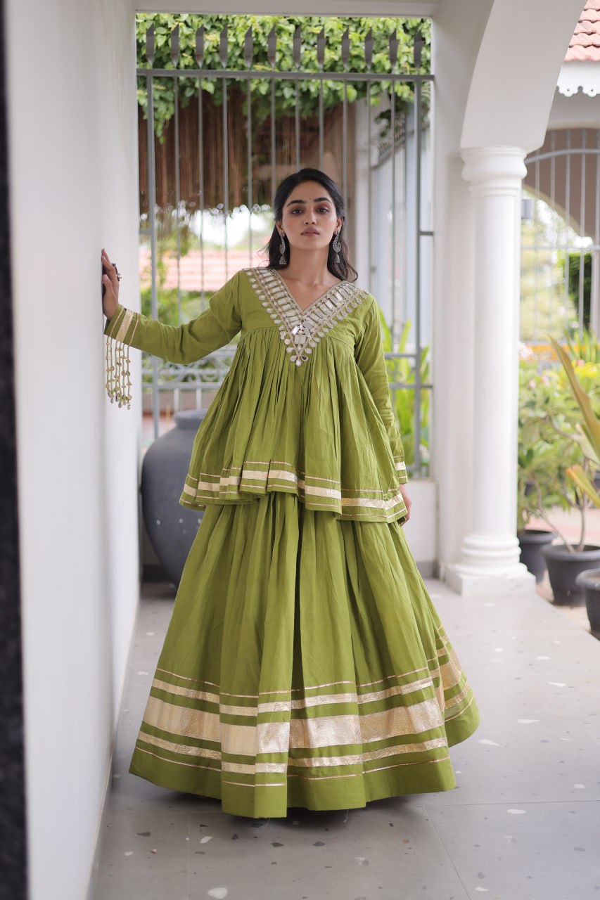 Kora Cotton Zari Patti Mirror Work Lehenga Choli ClothsVilla
