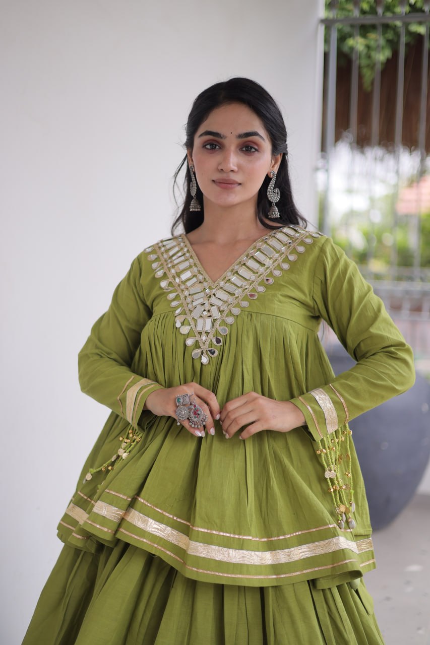 Kora Cotton Zari Patti Mirror Work Lehenga Choli ClothsVilla