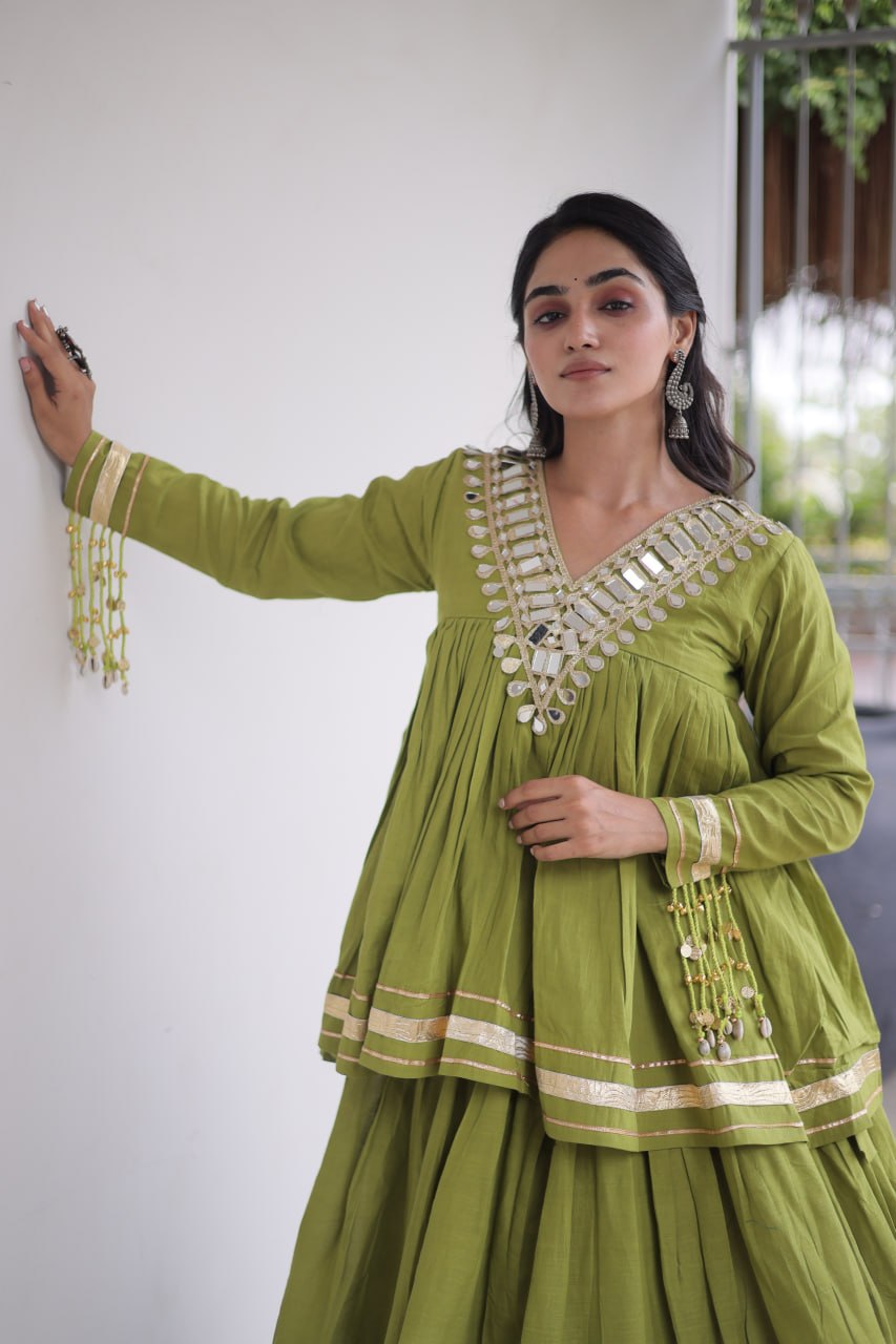 Kora Cotton Zari Patti Mirror Work Lehenga Choli ClothsVilla