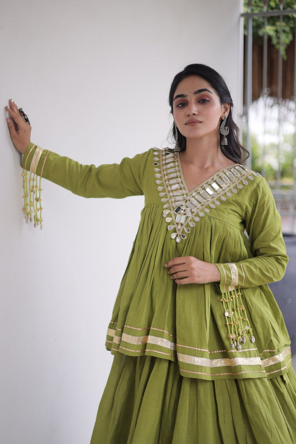 Kora Cotton Zari Patti Mirror Work Lehenga Choli ClothsVilla