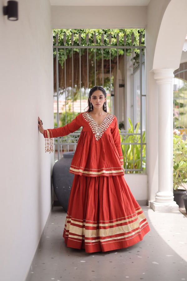 Kora Cotton Zari Patti Mirror Work Lehenga Choli ClothsVilla