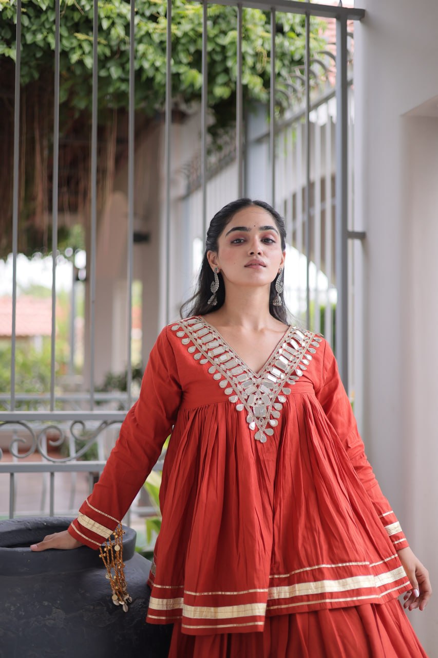 Kora Cotton Zari Patti Mirror Work Lehenga Choli ClothsVilla