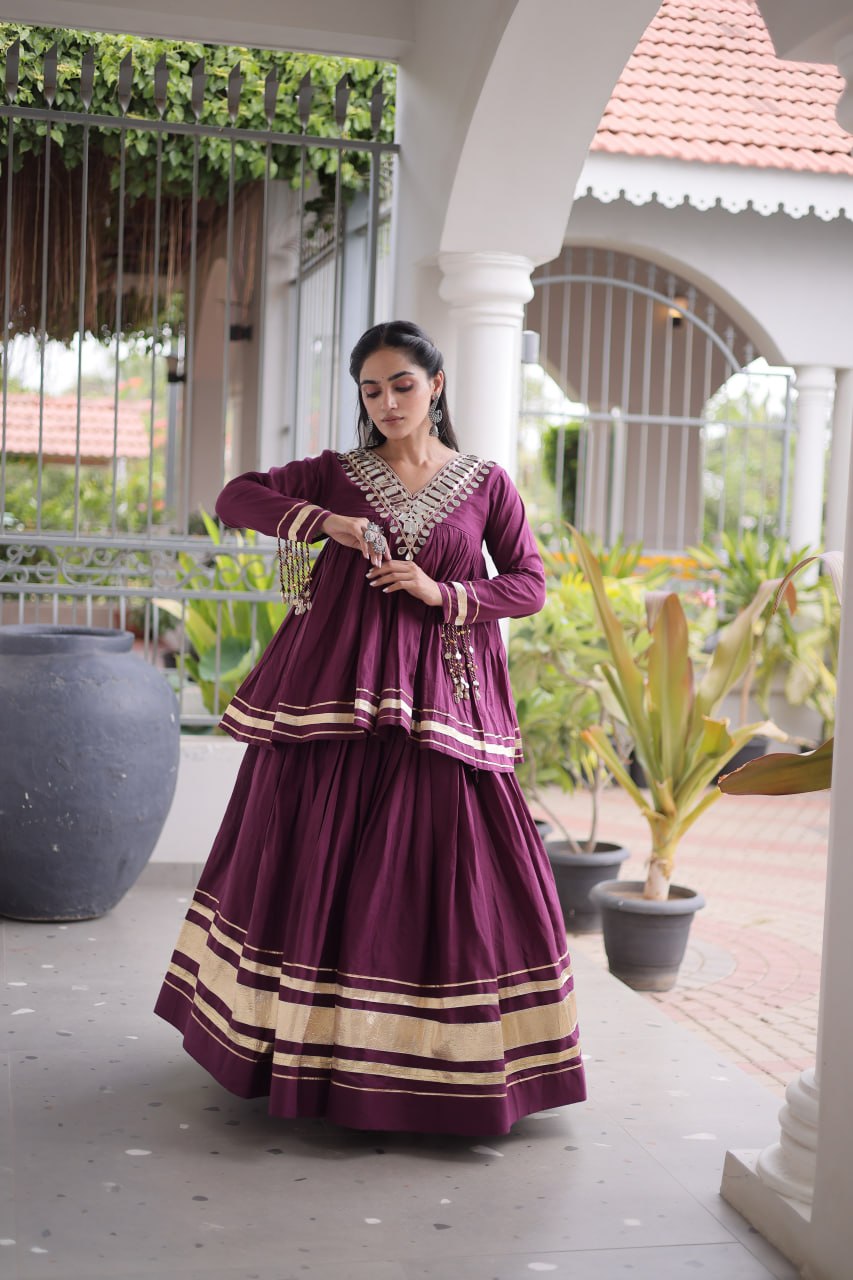 Kora Cotton Zari Patti Mirror Work Lehenga Choli ClothsVilla