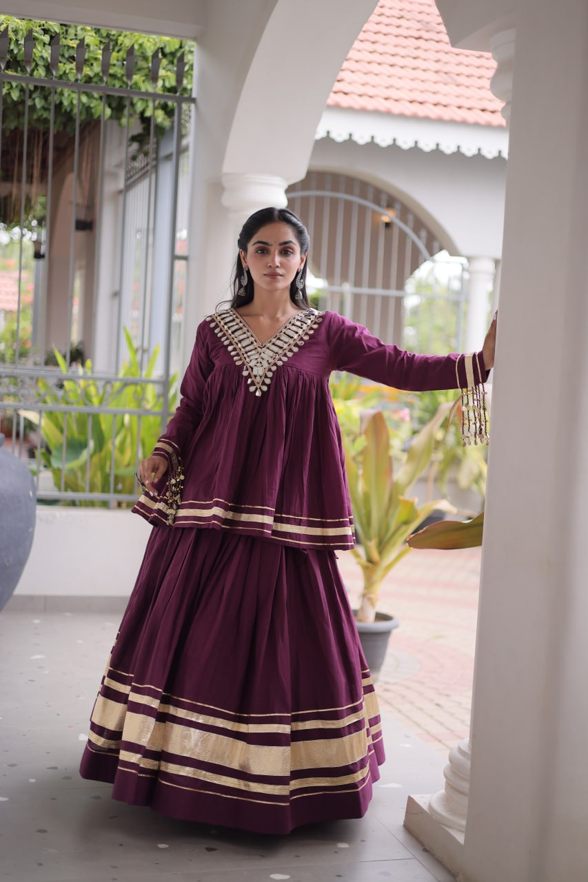 Kora Cotton Zari Patti Mirror Work Lehenga Choli ClothsVilla
