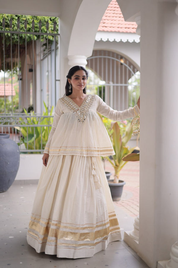 Kora Cotton Zari Patti Mirror Work Lehenga Choli ClothsVilla