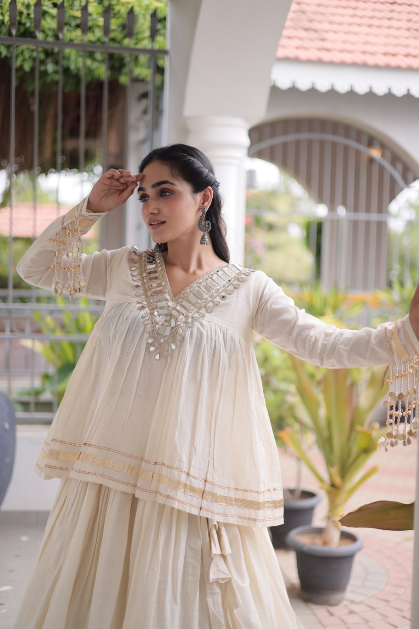Kora Cotton Zari Patti Mirror Work Lehenga Choli ClothsVilla