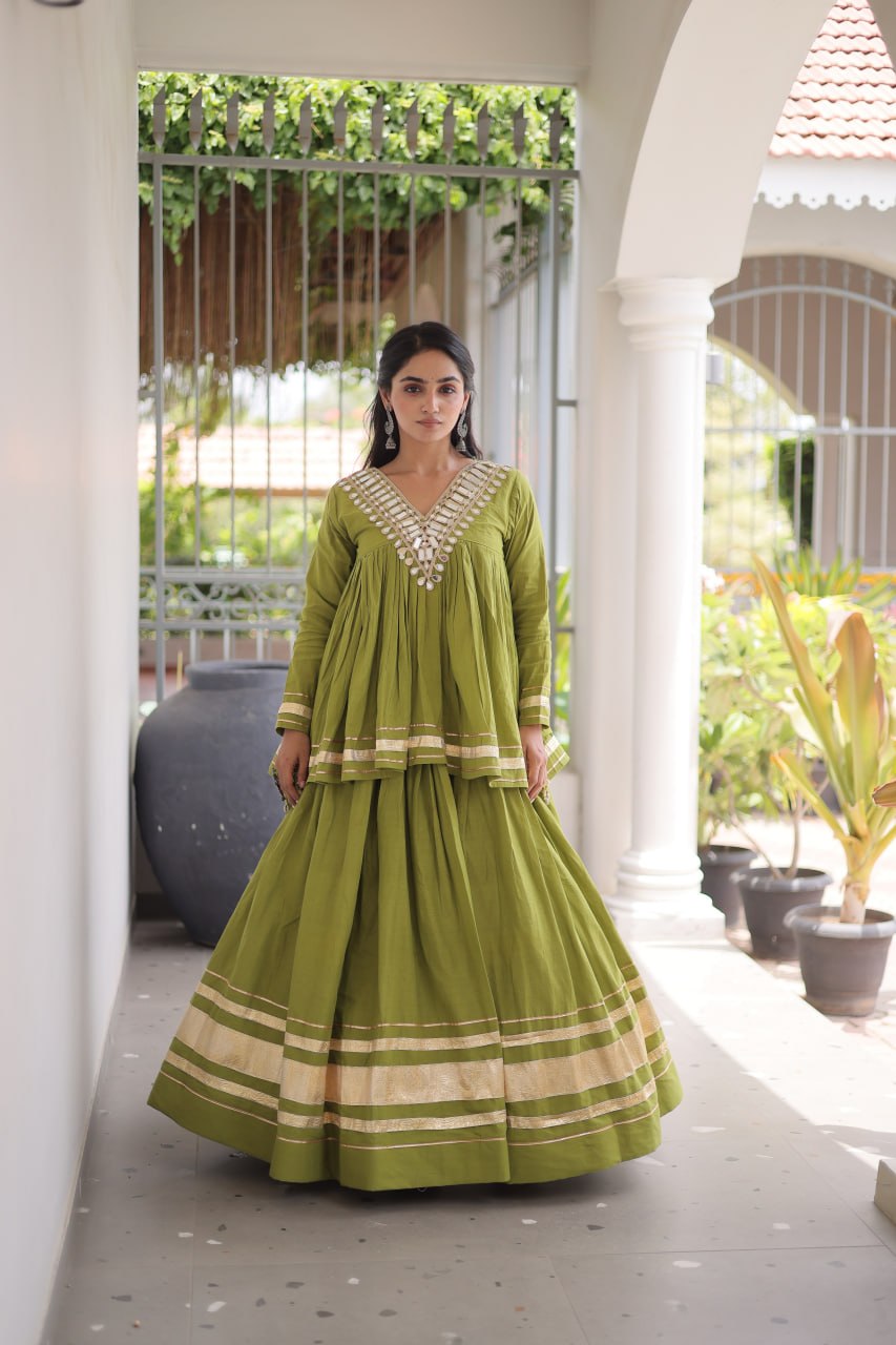 Kora Cotton Zari Patti Mirror Work Lehenga Choli ClothsVilla