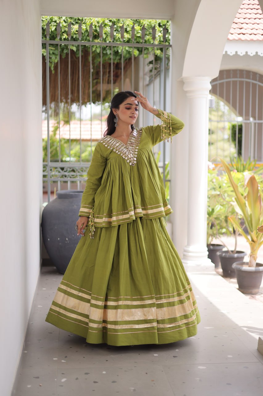 Kora Cotton Zari Patti Mirror Work Lehenga Choli ClothsVilla