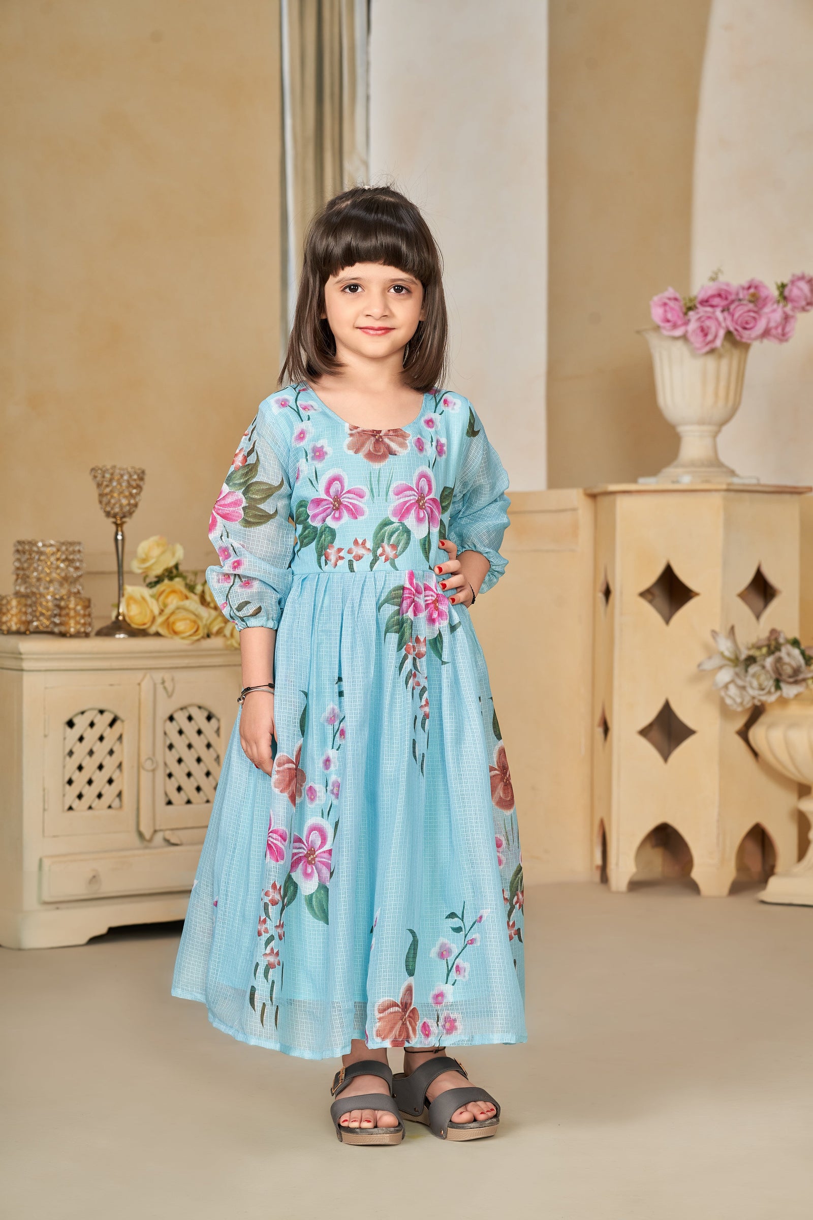 Kota Checks Digital Print Full Flare Girls Frock Clothsvilla