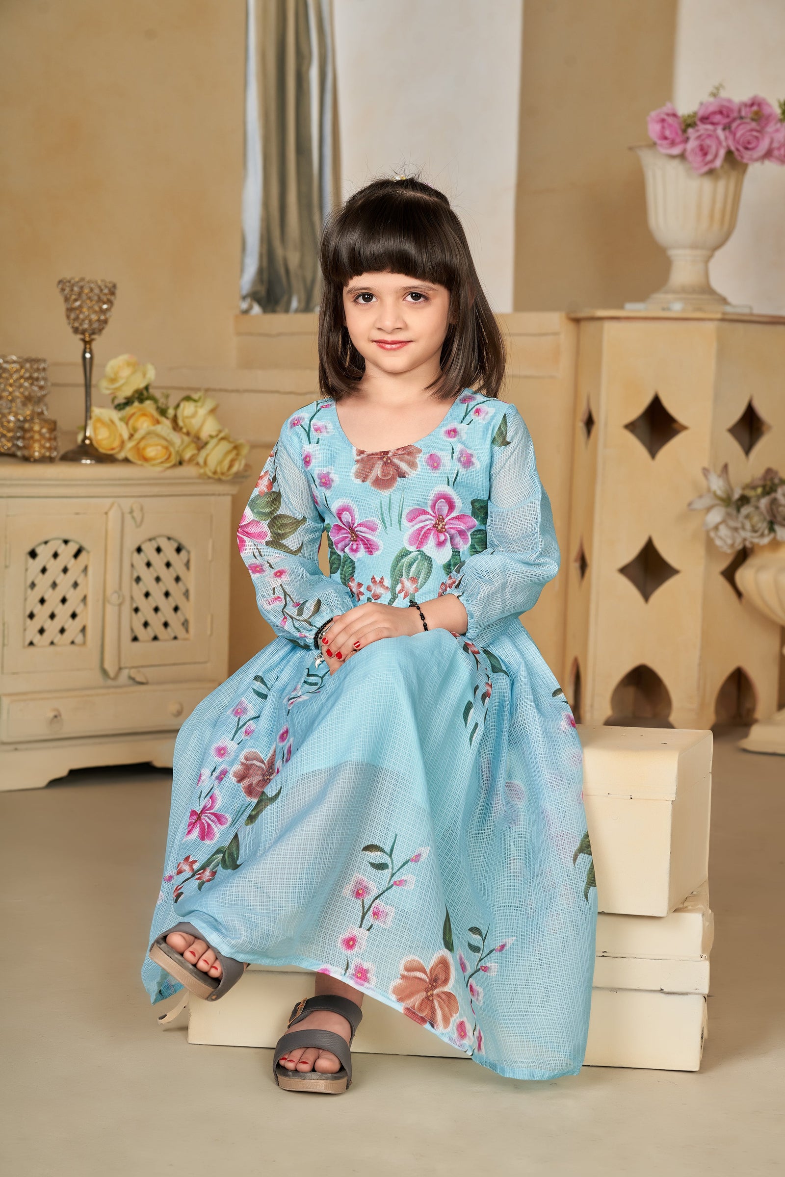 Kota Checks Digital Print Full Flare Girls Frock Clothsvilla