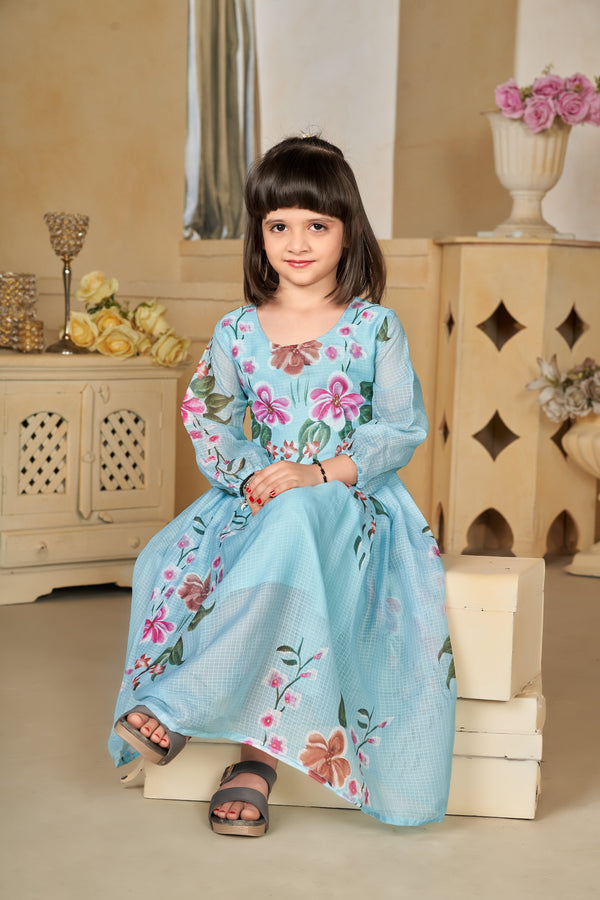 Kota Checks Digital Print Full Flare Girls Frock Clothsvilla