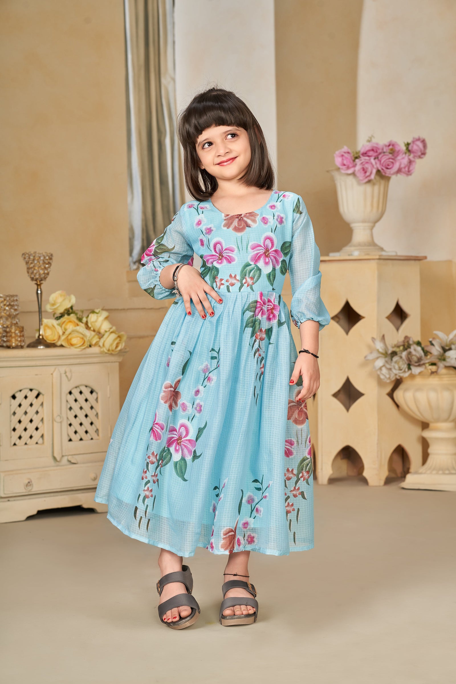 Kota Checks Digital Print Full Flare Girls Frock Clothsvilla