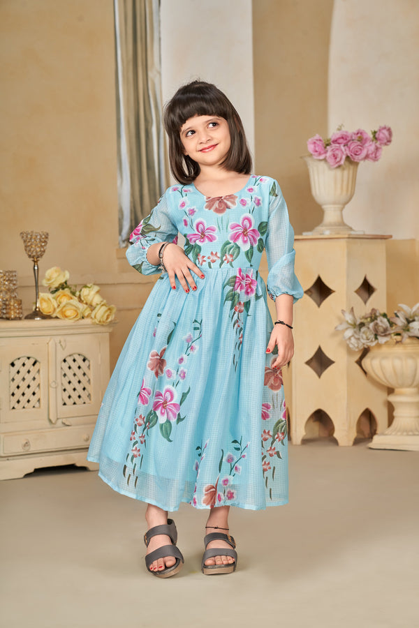 Kota Checks Digital Print Full Flare Girls Frock Clothsvilla