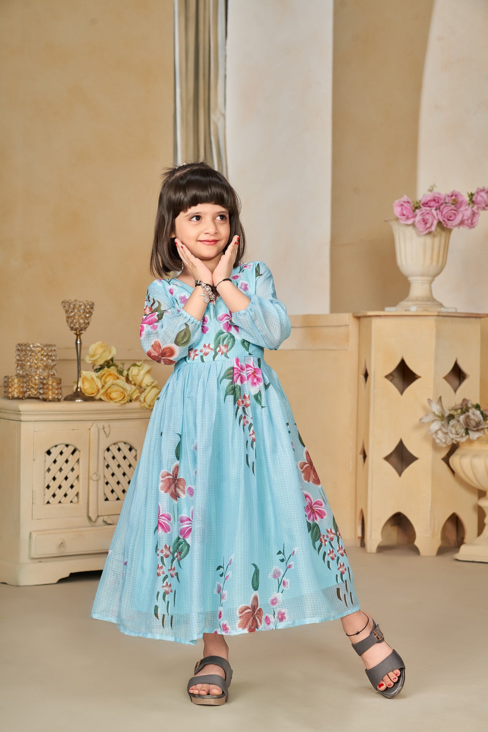 Kota Checks Digital Print Full Flare Girls Frock Clothsvilla