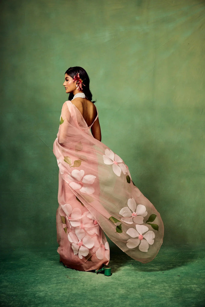 Blush Pink Pure Organza Hand-Painted Saree with White Floral Motifs & Sequins | With Modal Satin Blouse FANCY SAREES