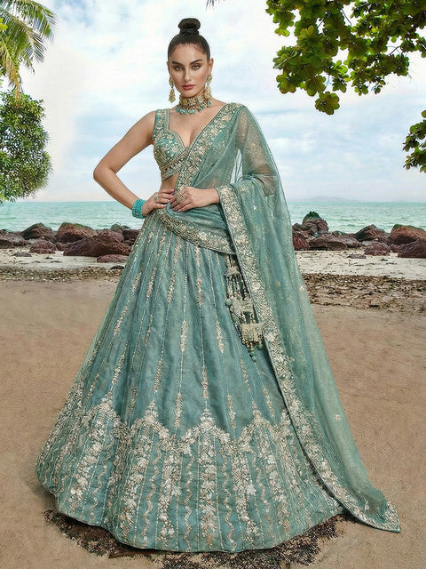 Lagoon Turquoise Chiffon Sequin & Zari Thread Embroidered Lehenga Choli Set Clothsvilla Main image