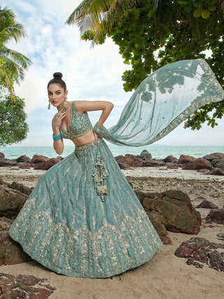 Lagoon Turquoise Chiffon Sequin & Zari Thread Embroidered Lehenga Choli Set Clothsvilla