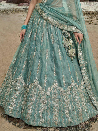 Lagoon Turquoise Chiffon Sequin & Zari Thread Embroidered Lehenga Choli Set Clothsvilla