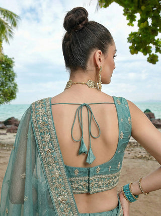 Lagoon Turquoise Chiffon Sequin & Zari Thread Embroidered Lehenga Choli Set Clothsvilla