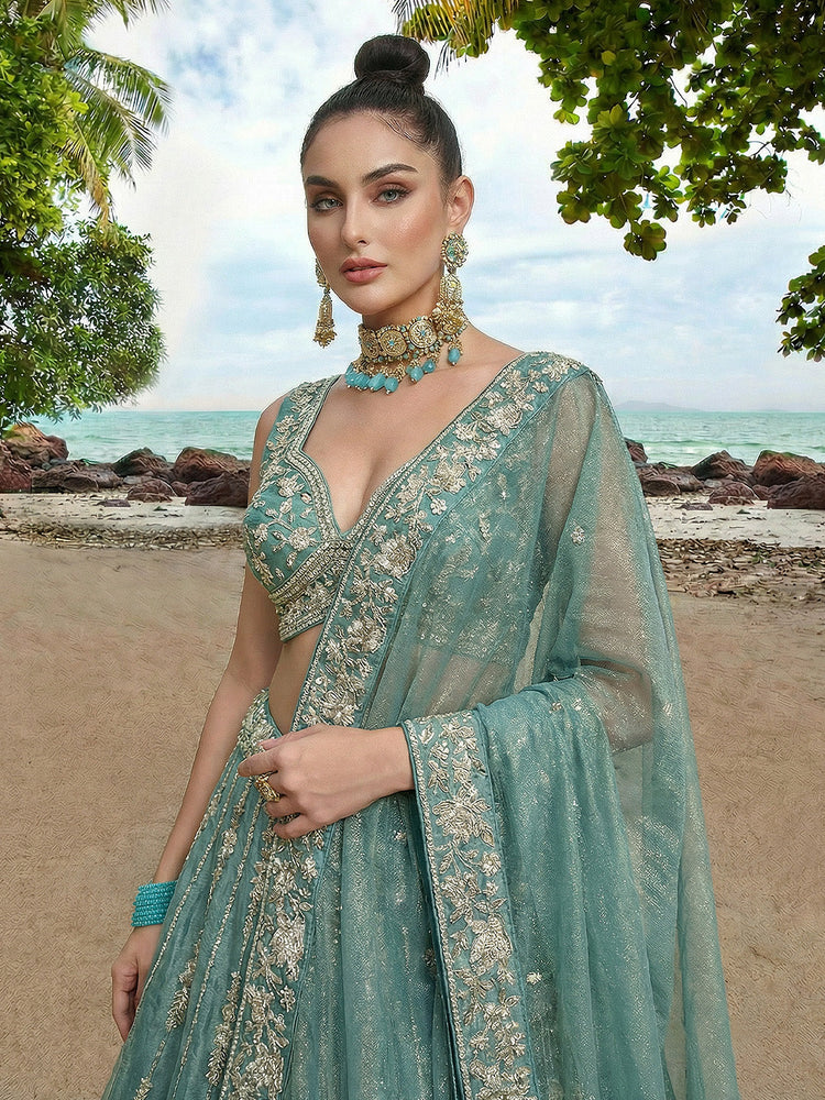 Lagoon Turquoise Chiffon Sequin & Zari Thread Embroidered Lehenga Choli Set Clothsvilla