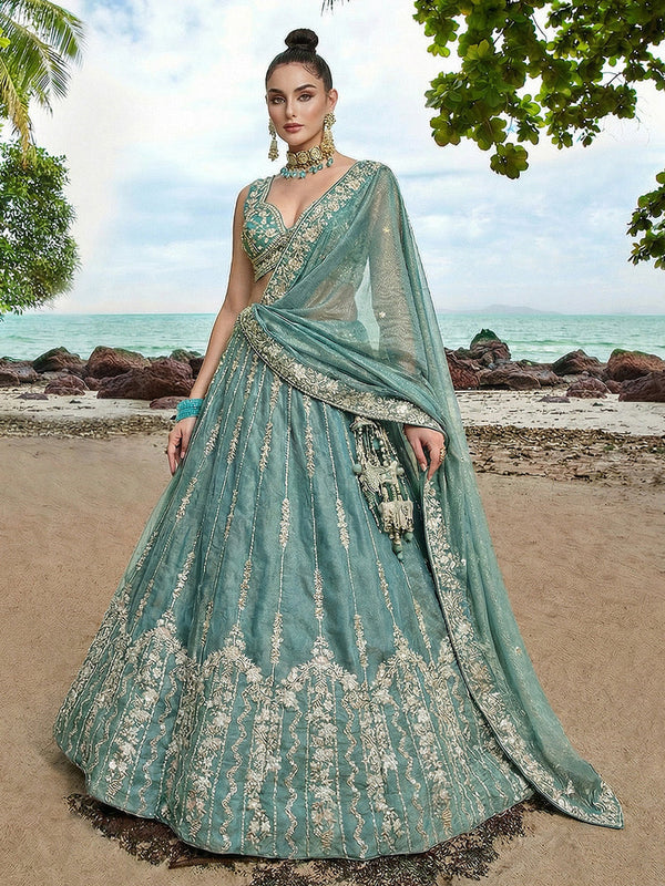 Lagoon Turquoise Chiffon Sequin & Zari Thread Embroidered Lehenga Choli Set Clothsvilla