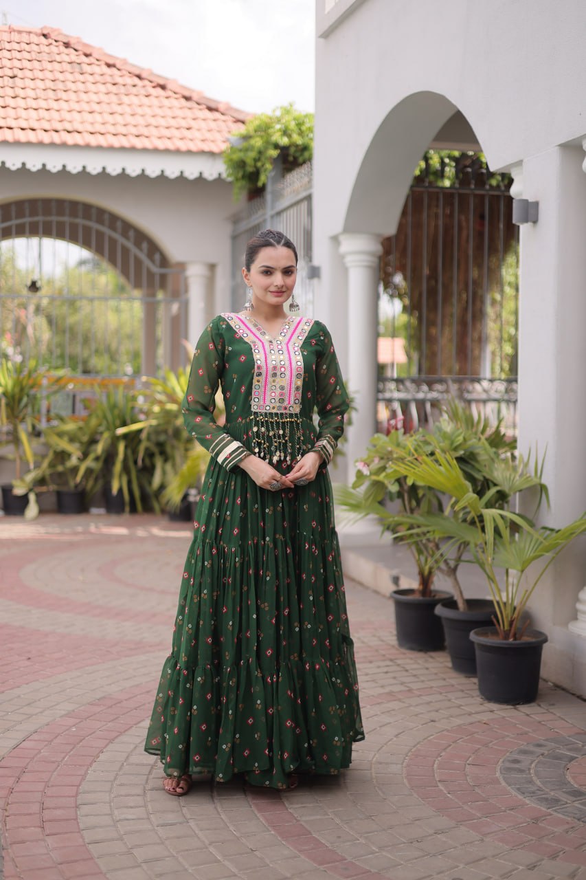 Laheriya Print Gown with Kutchi Patchwork ClothsVilla